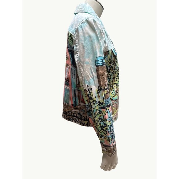 Christopher & Banks PM Stretch Jacket Colorful Town Print Button Up Front - Picture 4 of 11